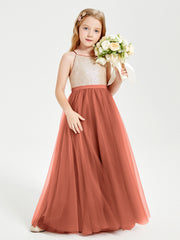 Robe Longue de Demoiselle d'Honneur Junior avec Haut en Paillettes et Jupe en Tulle Rouille