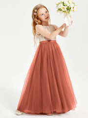Robe Longue de Demoiselle d'Honneur Junior avec Haut en Paillettes et Jupe en Tulle Rouille
