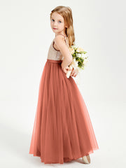 Robe Longue de Demoiselle d'Honneur Junior avec Haut en Paillettes et Jupe en Tulle Rouille