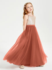 Robe Longue de Demoiselle d'Honneur Junior avec Haut en Paillettes et Jupe en Tulle Rouille