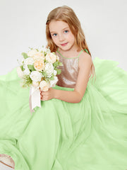 Robe Longue de Demoiselle d'Honneur Junior avec Haut en Paillettes et Jupe en Tulle Sauge