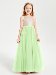 Robe Longue de Demoiselle d'Honneur Junior avec Haut en Paillettes et Jupe en Tulle Sauge