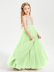 Robe Longue de Demoiselle d'Honneur Junior avec Haut en Paillettes et Jupe en Tulle Sauge
