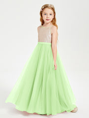 Robe Longue de Demoiselle d'Honneur Junior avec Haut en Paillettes et Jupe en Tulle Sauge