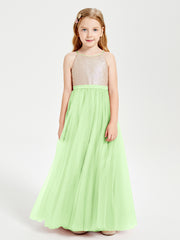 Robe Longue de Demoiselle d'Honneur Junior avec Haut en Paillettes et Jupe en Tulle Sauge
