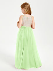 Robe Longue de Demoiselle d'Honneur Junior avec Haut en Paillettes et Jupe en Tulle Sauge