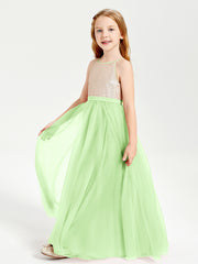 Robe Longue de Demoiselle d'Honneur Junior avec Haut en Paillettes et Jupe en Tulle Sauge