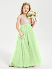 Robe Longue de Demoiselle d'Honneur Junior avec Haut en Paillettes et Jupe en Tulle Sauge