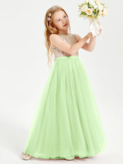 Robe Longue de Demoiselle d'Honneur Junior avec Haut en Paillettes et Jupe en Tulle Sauge