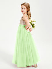 Robe Longue de Demoiselle d'Honneur Junior avec Haut en Paillettes et Jupe en Tulle Sauge