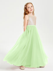 Robe Longue de Demoiselle d'Honneur Junior avec Haut en Paillettes et Jupe en Tulle Sauge