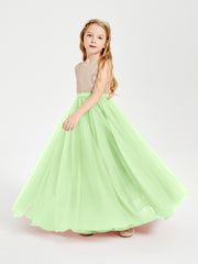 Robe Longue de Demoiselle d'Honneur Junior avec Haut en Paillettes et Jupe en Tulle Sauge