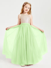 Robe Longue de Demoiselle d'Honneur Junior avec Haut en Paillettes et Jupe en Tulle Sauge