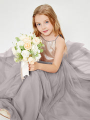 Robe Longue de Demoiselle d'Honneur Junior avec Haut en Paillettes et Jupe en Tulle Argent