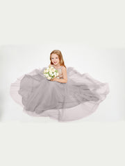 Robe Longue de Demoiselle d'Honneur Junior avec Haut en Paillettes et Jupe en Tulle Argent