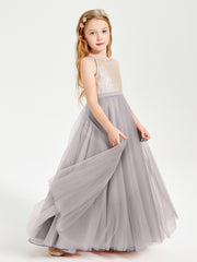 Robe Longue de Demoiselle d'Honneur Junior avec Haut en Paillettes et Jupe en Tulle Argent
