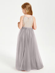 Robe Longue de Demoiselle d'Honneur Junior avec Haut en Paillettes et Jupe en Tulle Argent