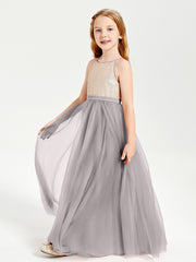 Robe Longue de Demoiselle d'Honneur Junior avec Haut en Paillettes et Jupe en Tulle Argent