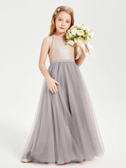Robe Longue de Demoiselle d'Honneur Junior avec Haut en Paillettes et Jupe en Tulle Argent
