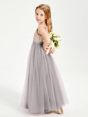 Robe Longue de Demoiselle d'Honneur Junior avec Haut en Paillettes et Jupe en Tulle Argent