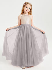 Robe Longue de Demoiselle d'Honneur Junior avec Haut en Paillettes et Jupe en Tulle Argent