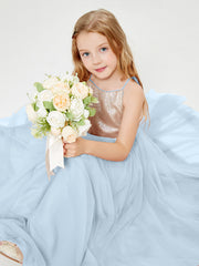Robe Longue de Demoiselle d'Honneur Junior avec Haut en Paillettes et Jupe en Tulle Bleu Ciel