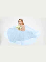 Robe Longue de Demoiselle d'Honneur Junior avec Haut en Paillettes et Jupe en Tulle Bleu Ciel