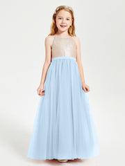 Robe Longue de Demoiselle d'Honneur Junior avec Haut en Paillettes et Jupe en Tulle Bleu Ciel
