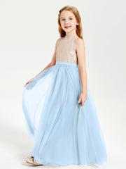 Robe Longue de Demoiselle d'Honneur Junior avec Haut en Paillettes et Jupe en Tulle Bleu Ciel