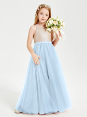 Robe Longue de Demoiselle d'Honneur Junior avec Haut en Paillettes et Jupe en Tulle Bleu Ciel