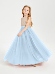 Robe Longue de Demoiselle d'Honneur Junior avec Haut en Paillettes et Jupe en Tulle Bleu Ciel