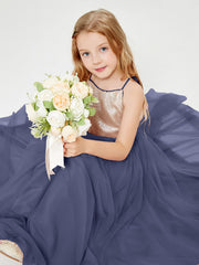 Robe Longue de Demoiselle d'Honneur Junior avec Haut en Paillettes et Jupe en Tulle Orageux