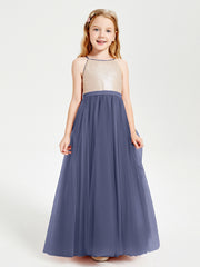 Robe Longue de Demoiselle d'Honneur Junior avec Haut en Paillettes et Jupe en Tulle Orageux