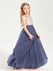 Robe Longue de Demoiselle d'Honneur Junior avec Haut en Paillettes et Jupe en Tulle Orageux