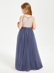 Robe Longue de Demoiselle d'Honneur Junior avec Haut en Paillettes et Jupe en Tulle Orageux