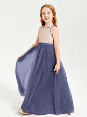 Robe Longue de Demoiselle d'Honneur Junior avec Haut en Paillettes et Jupe en Tulle Orageux