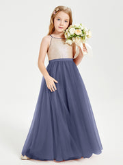 Robe Longue de Demoiselle d'Honneur Junior avec Haut en Paillettes et Jupe en Tulle Orageux