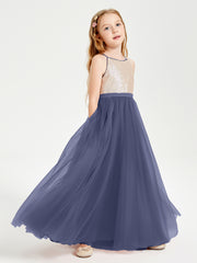 Robe Longue de Demoiselle d'Honneur Junior avec Haut en Paillettes et Jupe en Tulle Orageux