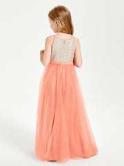 Robe Longue de Demoiselle d'Honneur Junior avec Haut en Paillettes et Jupe en Tulle Crépuscule