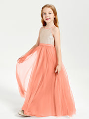 Robe Longue de Demoiselle d'Honneur Junior avec Haut en Paillettes et Jupe en Tulle Crépuscule