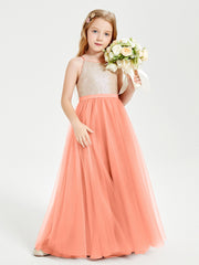 Robe Longue de Demoiselle d'Honneur Junior avec Haut en Paillettes et Jupe en Tulle Crépuscule