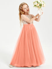 Robe Longue de Demoiselle d'Honneur Junior avec Haut en Paillettes et Jupe en Tulle Crépuscule