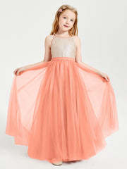 Robe Longue de Demoiselle d'Honneur Junior avec Haut en Paillettes et Jupe en Tulle Crépuscule