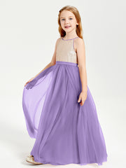 Robe Longue de Demoiselle d'Honneur Junior avec Haut en Paillettes et Jupe en Tulle Tahiti