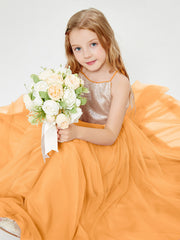 Robe Longue de Demoiselle d'Honneur Junior avec Haut en Paillettes et Jupe en Tulle Mandarine