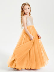 Robe Longue de Demoiselle d'Honneur Junior avec Haut en Paillettes et Jupe en Tulle Mandarine