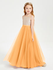 Robe Longue de Demoiselle d'Honneur Junior avec Haut en Paillettes et Jupe en Tulle Mandarine