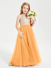 Robe Longue de Demoiselle d'Honneur Junior avec Haut en Paillettes et Jupe en Tulle Mandarine