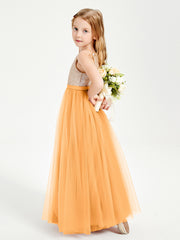 Robe Longue de Demoiselle d'Honneur Junior avec Haut en Paillettes et Jupe en Tulle Mandarine