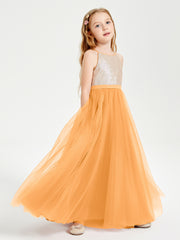Robe Longue de Demoiselle d'Honneur Junior avec Haut en Paillettes et Jupe en Tulle Mandarine